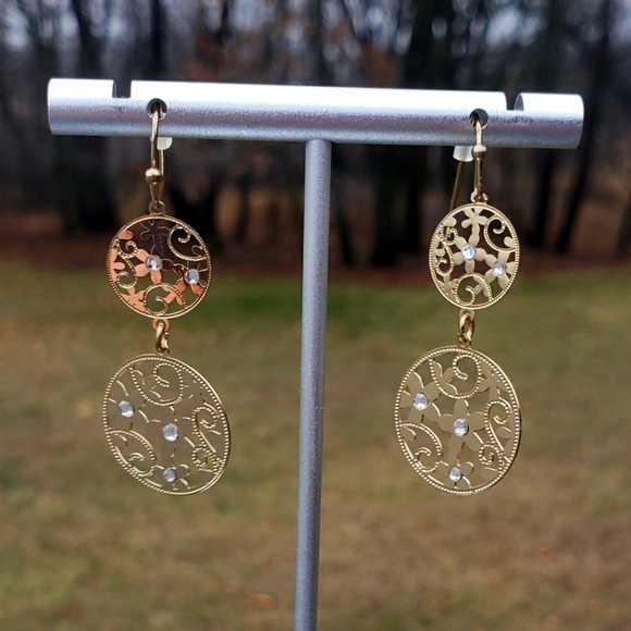 Gold and Floral Dangle Earrings - Picture 2 of 5